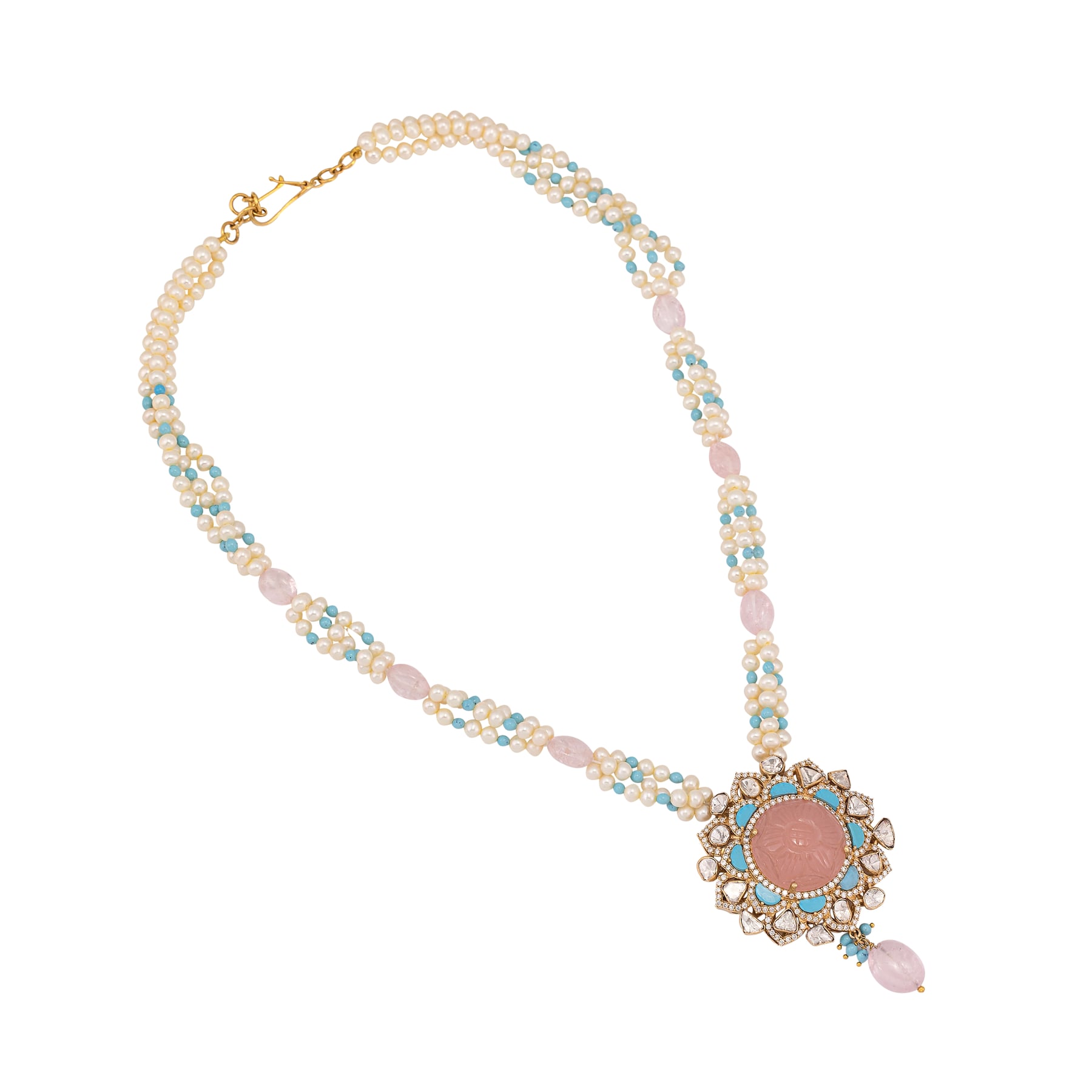 Carved Pink and Turquoise Gemstone Necklace with Polkis and Pearl